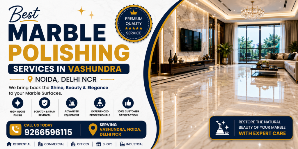 Best marble polishing service in Vasundhara restoring dull marble floors with diamond polishing machine for mirror shine finish.