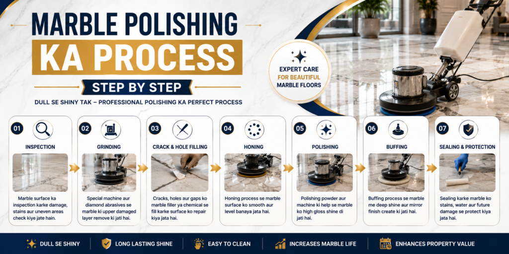 Marble polish process showing grinding, polishing, buffing and sealing of a marble floor for a high-gloss mirror finish.