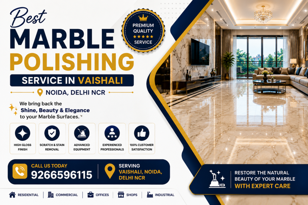 Best marble polishing services in Vaishali featuring a luxury marble floor with mirror shine finish, scratch removal, stain treatment, and floor restoration for homes, offices, and commercial properties in Noida and Delhi NCR.