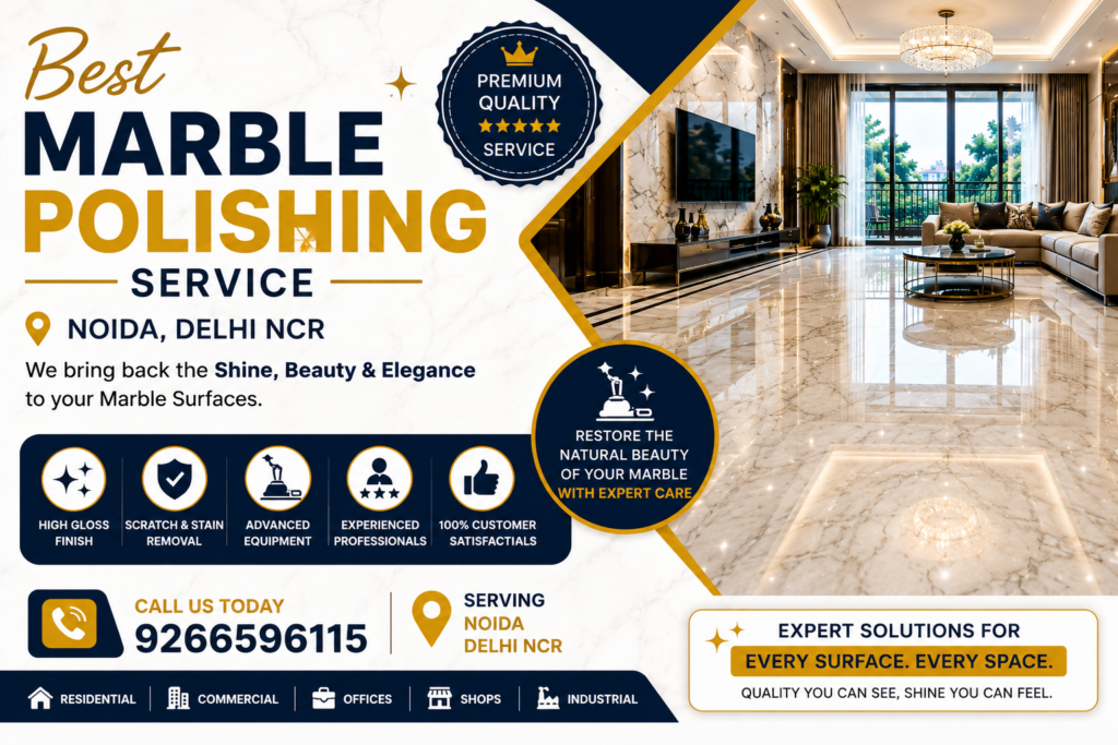 Best marble polishing services featuring a luxury marble floor with mirror shine finish, scratch removal, stain treatment, and floor restoration for homes, offices, and commercial properties in Noida and Delhi NCR.